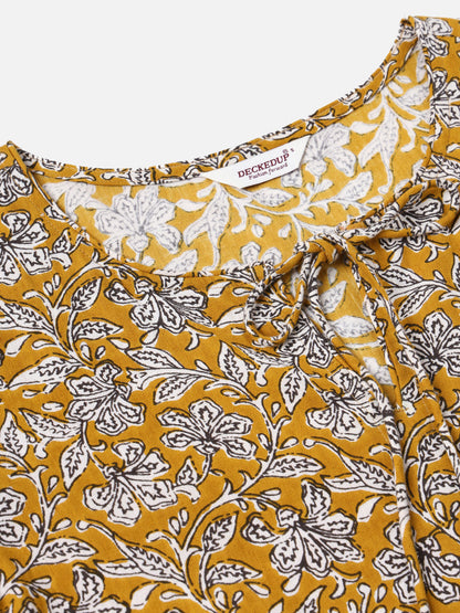 Mustard & White Printed Cotton Blend Cuffed Sleeve Dress