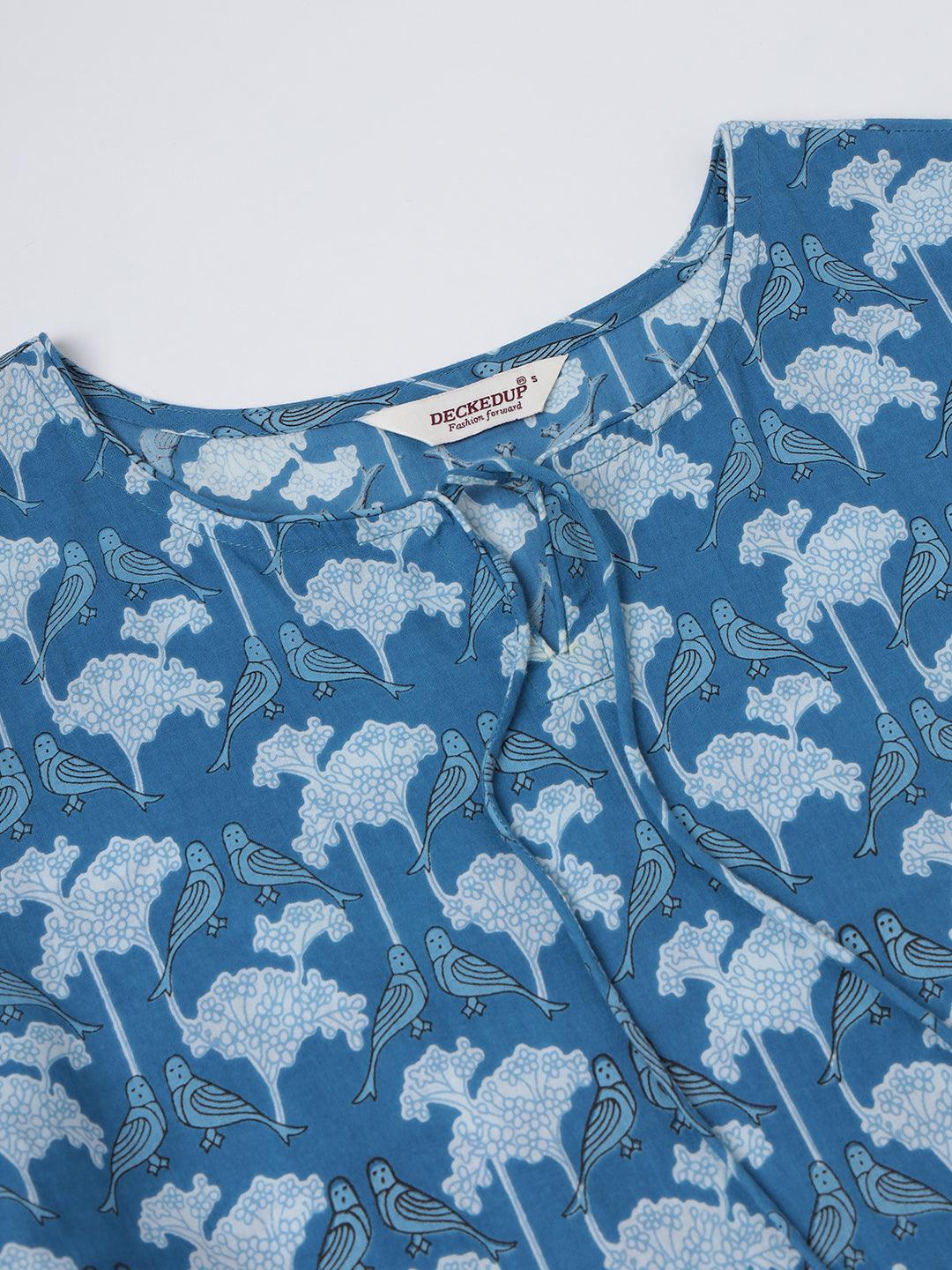 Women Blue Parrot Print Flared Cotton Pocket Dress - JAIPURHUTZ