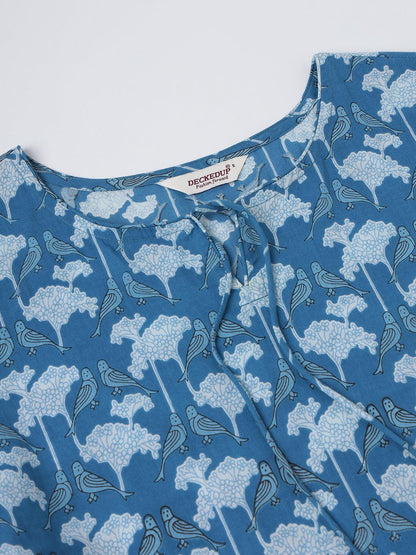 Women Blue Parrot Print Flared Cotton Pocket Dress - JAIPURHUTZ