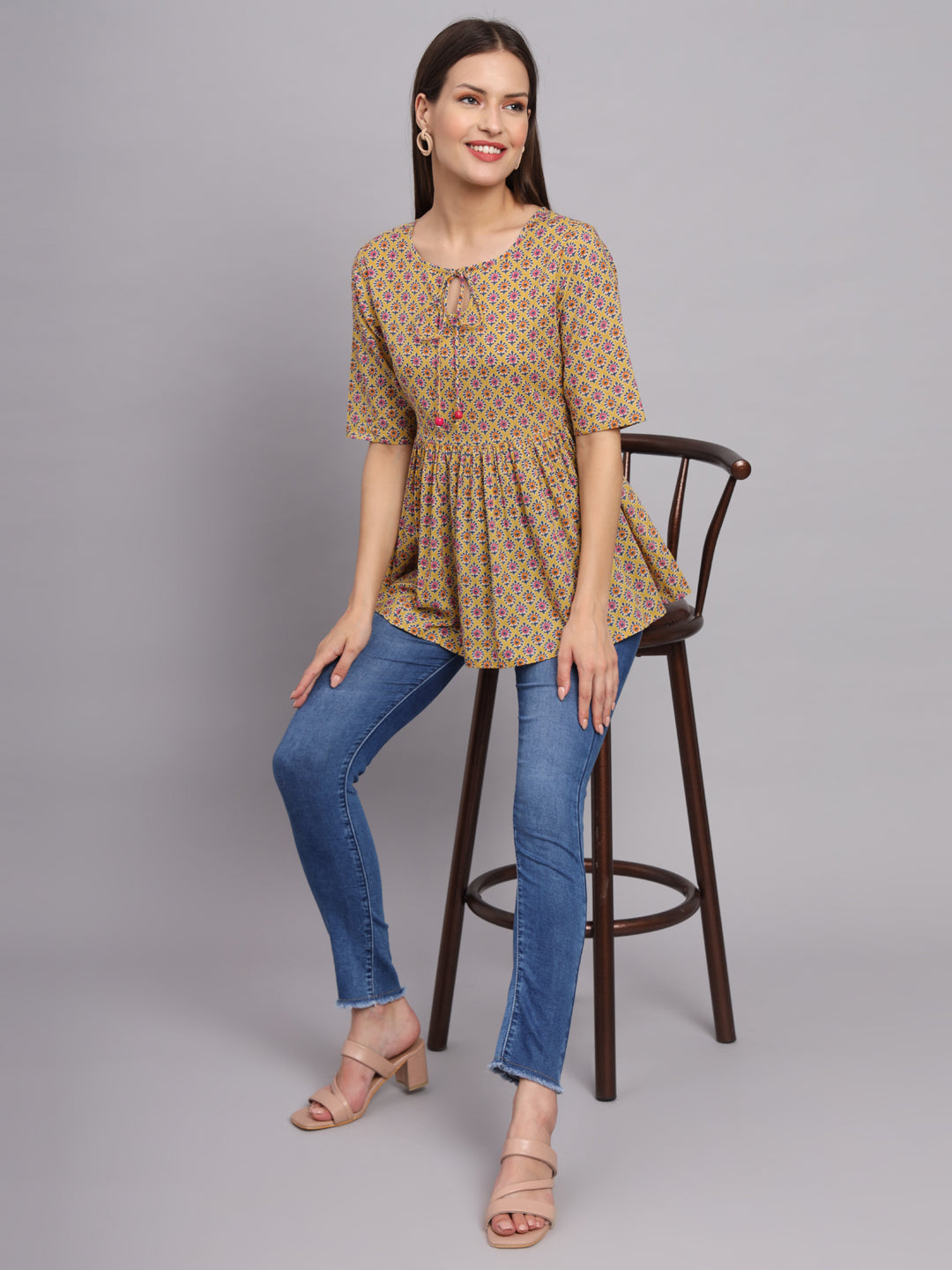 Women Printed Cotton Keyhole Neck Top