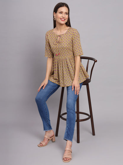 Women Printed Cotton Keyhole Neck Top