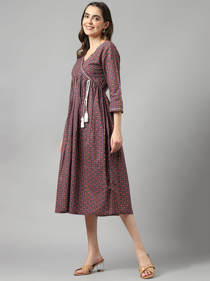 Purple Cotton Angrakha Style Pocket Dress