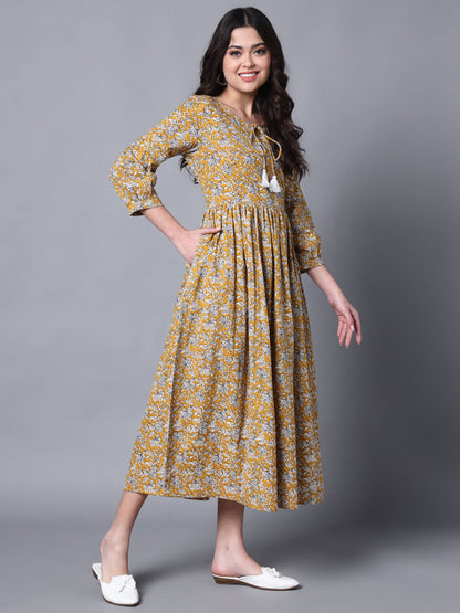 Mustard & White Printed Cotton Blend Cuffed Sleeve Dress