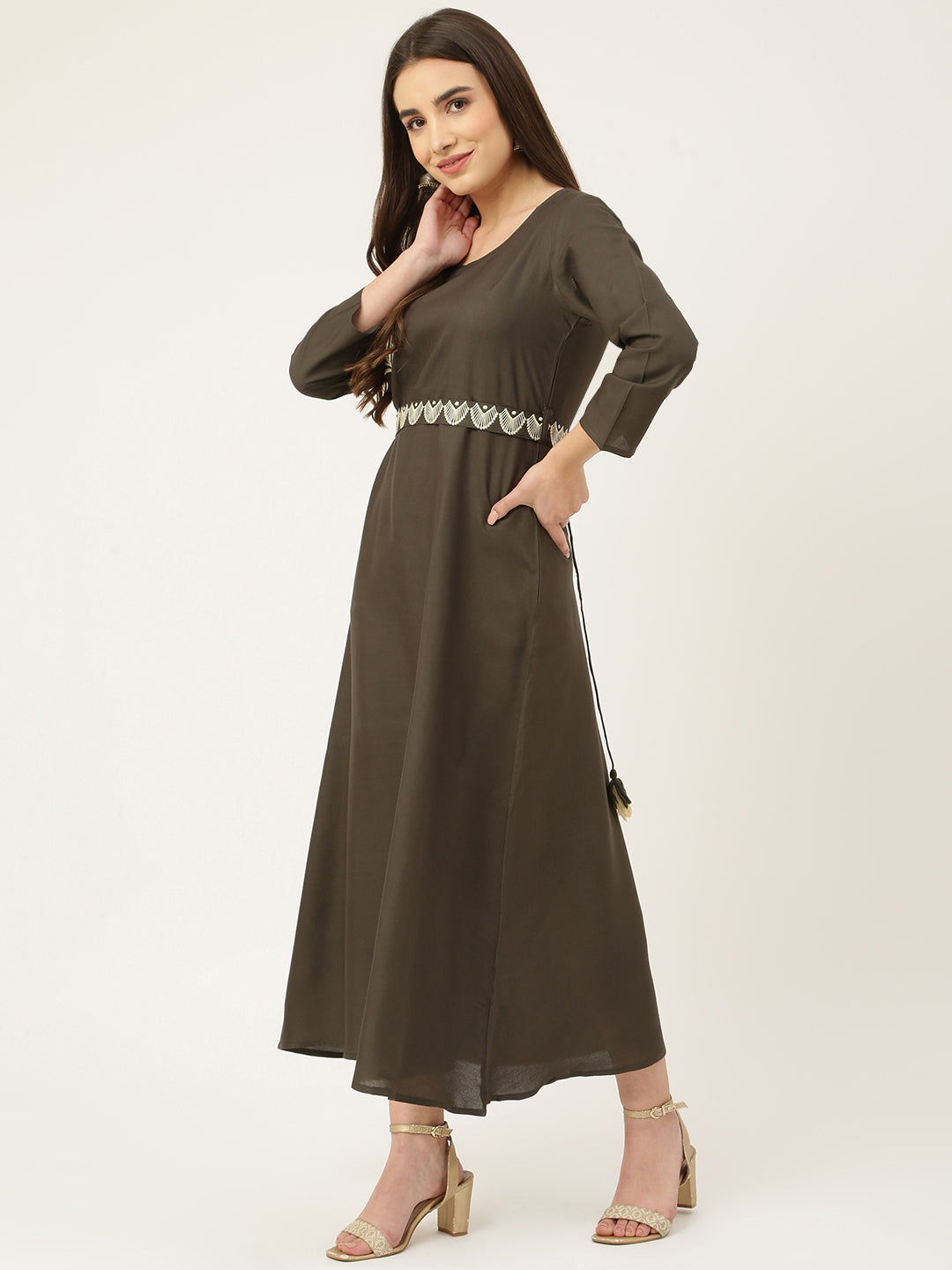 Grey Rayon Embroidered Flared Dress