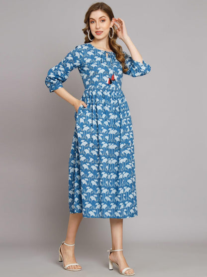 Women Blue Parrot Print Flared Cotton Pocket Dress - JAIPURHUTZ