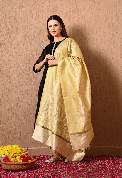 Cream Gold Silk Banarasi Dupatta