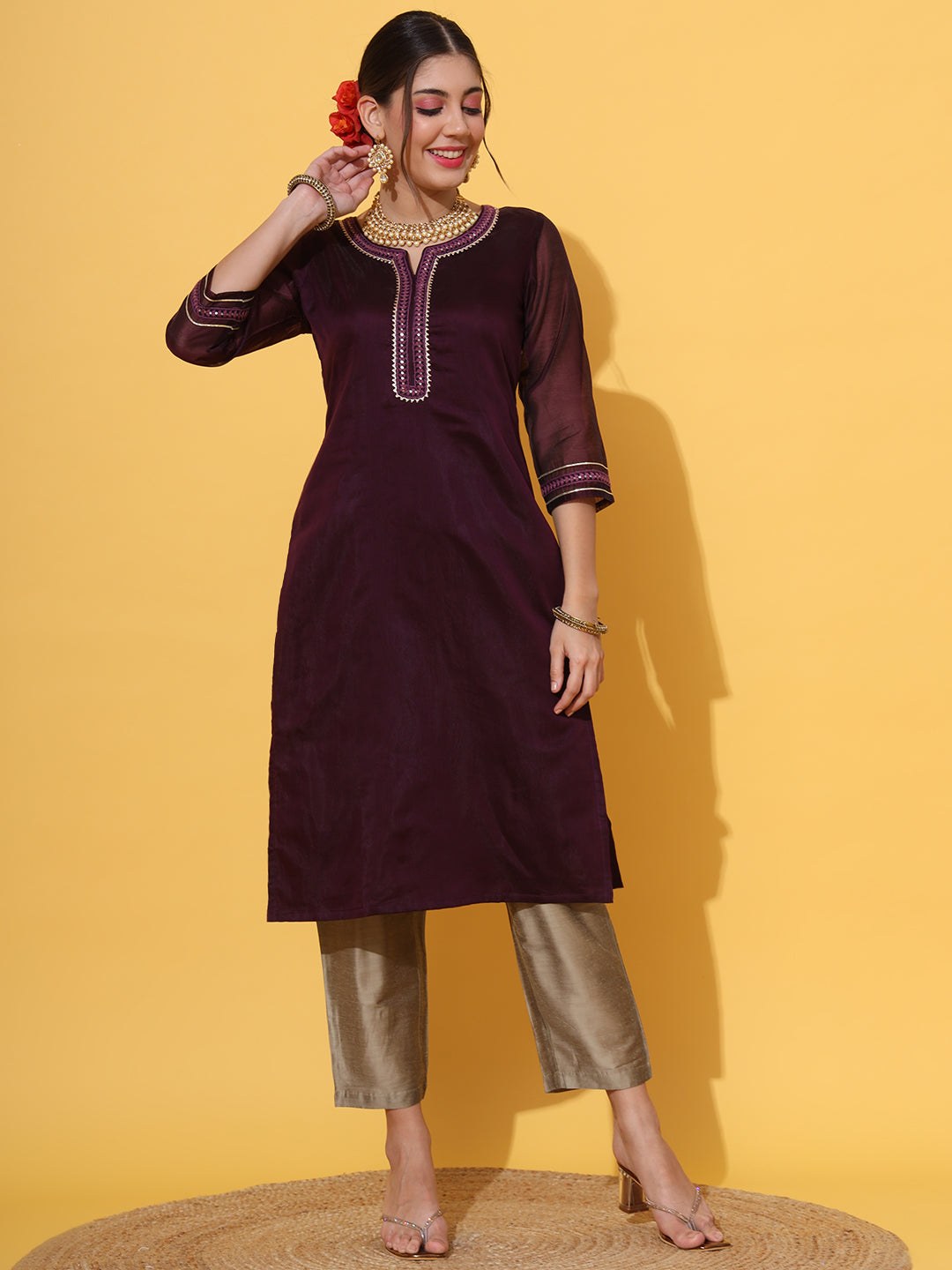 Wine Embroidered Chanderi Kurta