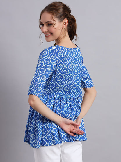 Blue Printed Bandhej Viscose Keyhole Neck Top