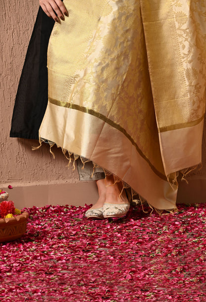 Cream Gold Silk Banarasi Dupatta