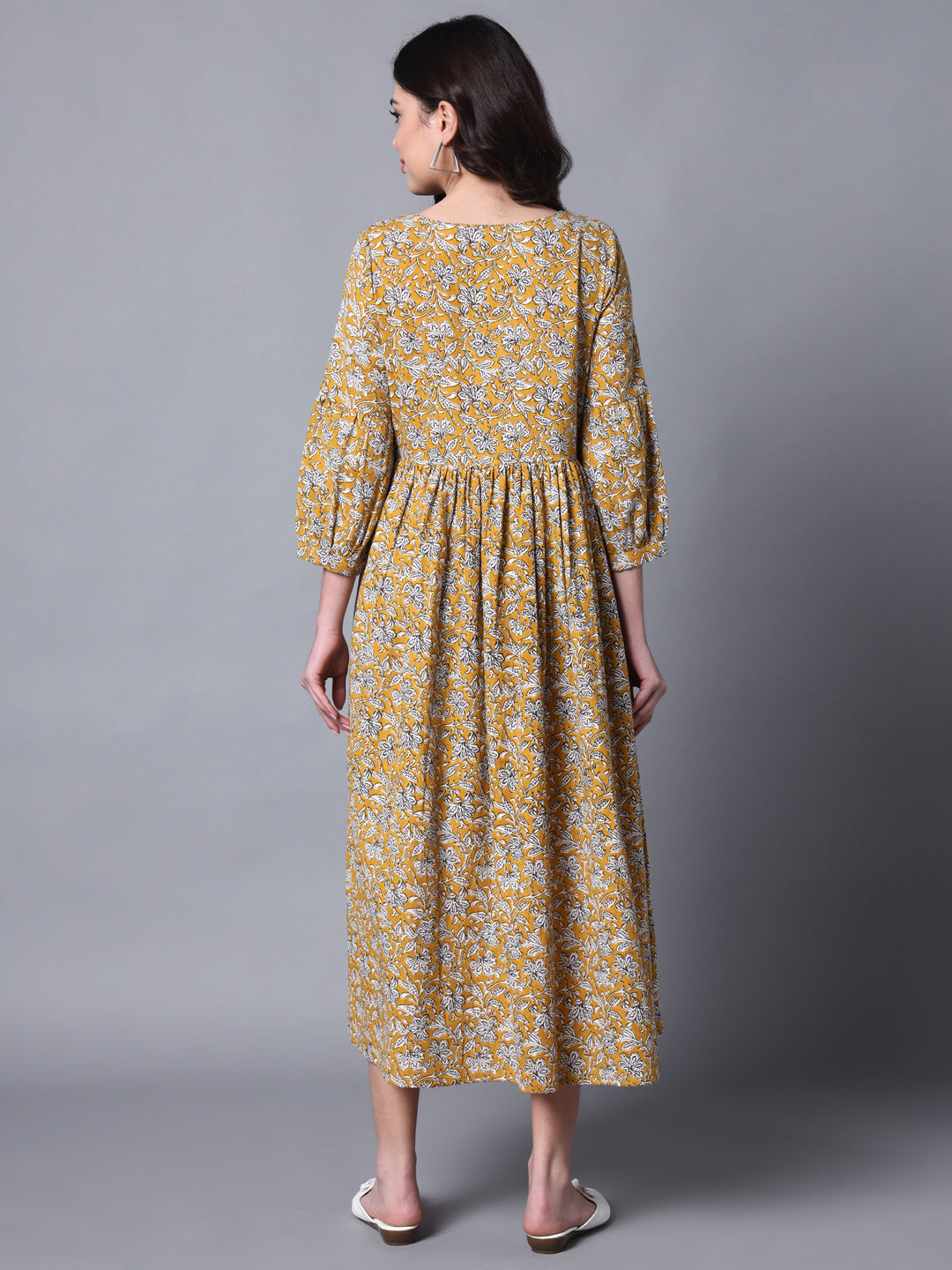 Mustard & White Printed Cotton Blend Cuffed Sleeve Dress