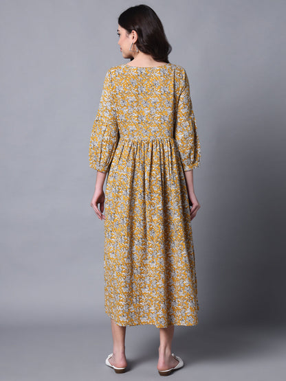 Mustard & White Printed Cotton Blend Cuffed Sleeve Dress