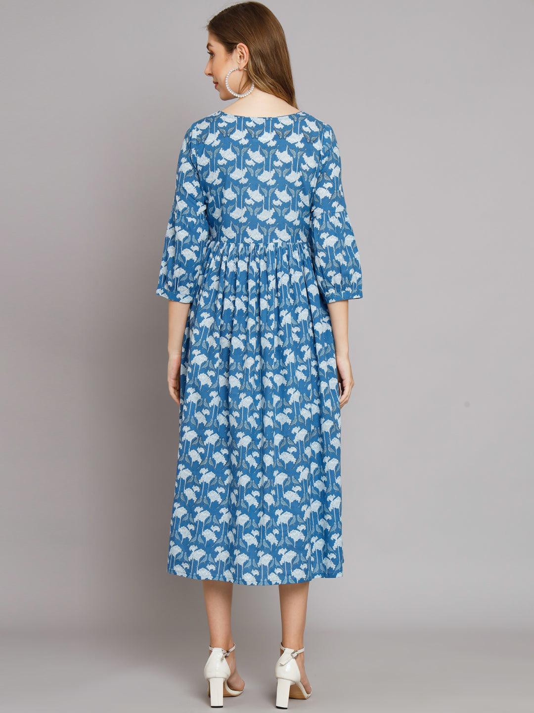 Women Blue Parrot Print Flared Cotton Pocket Dress - JAIPURHUTZ