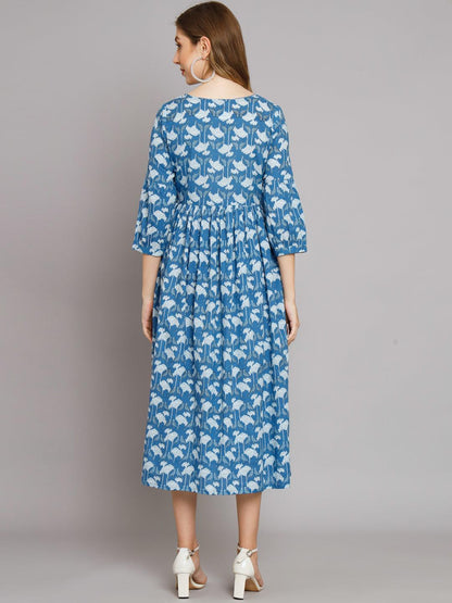 Women Blue Parrot Print Flared Cotton Pocket Dress - JAIPURHUTZ