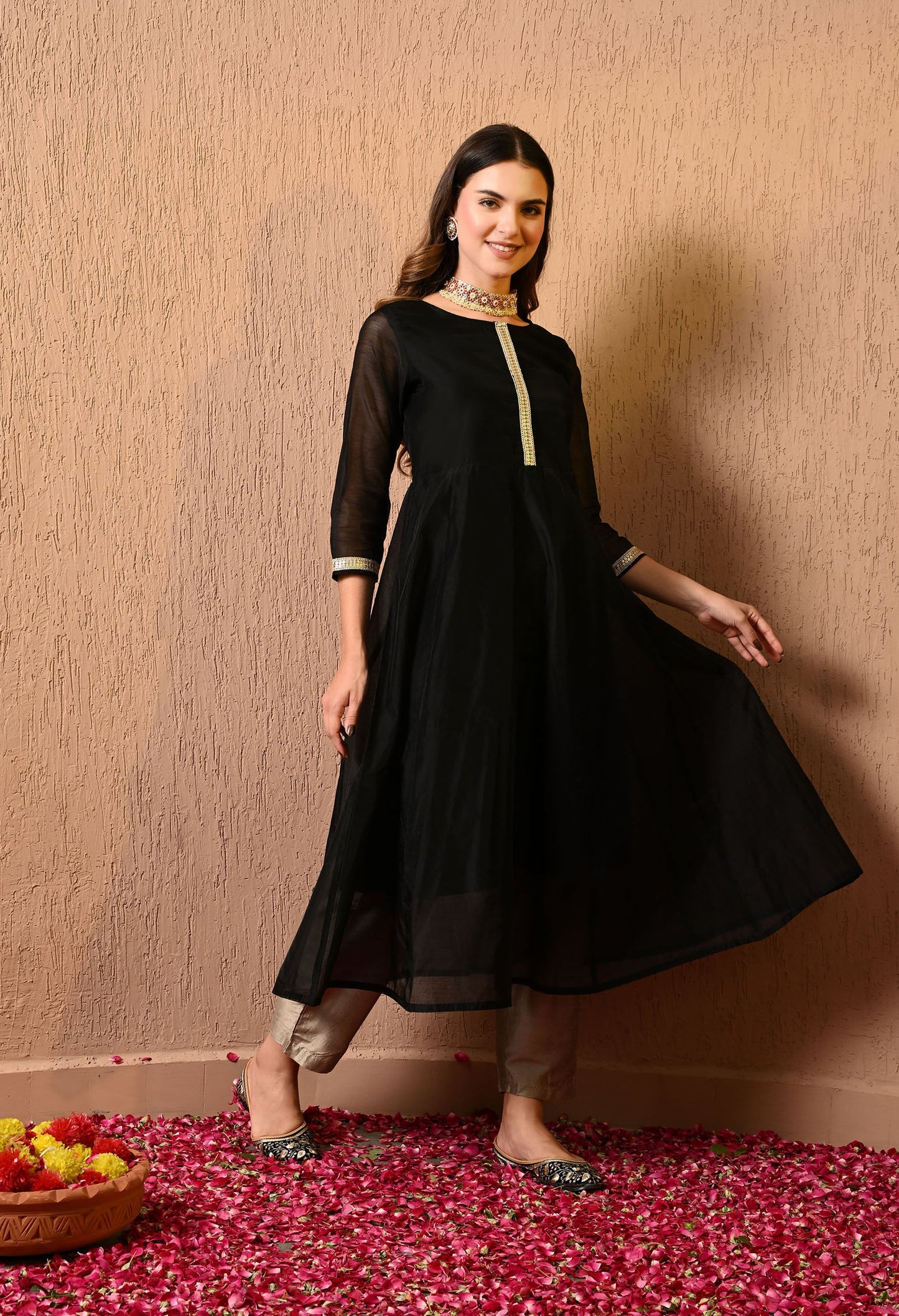 Black Chanderi Kurta Pant Dupatta Set