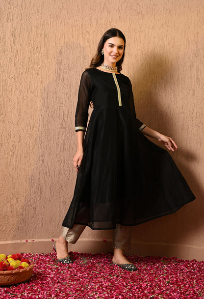 Black Chanderi Kurta Pant Dupatta Set