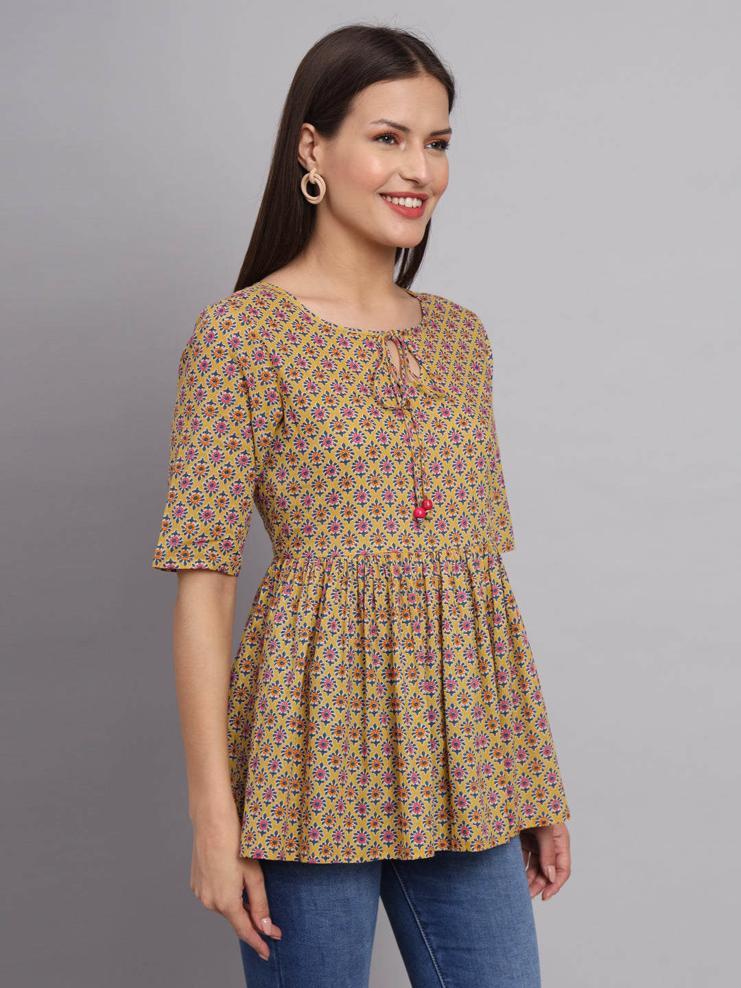 Women Printed Cotton Keyhole Neck Top