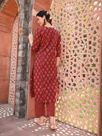 Maroon Embroidered A-line Kurta Pant Set