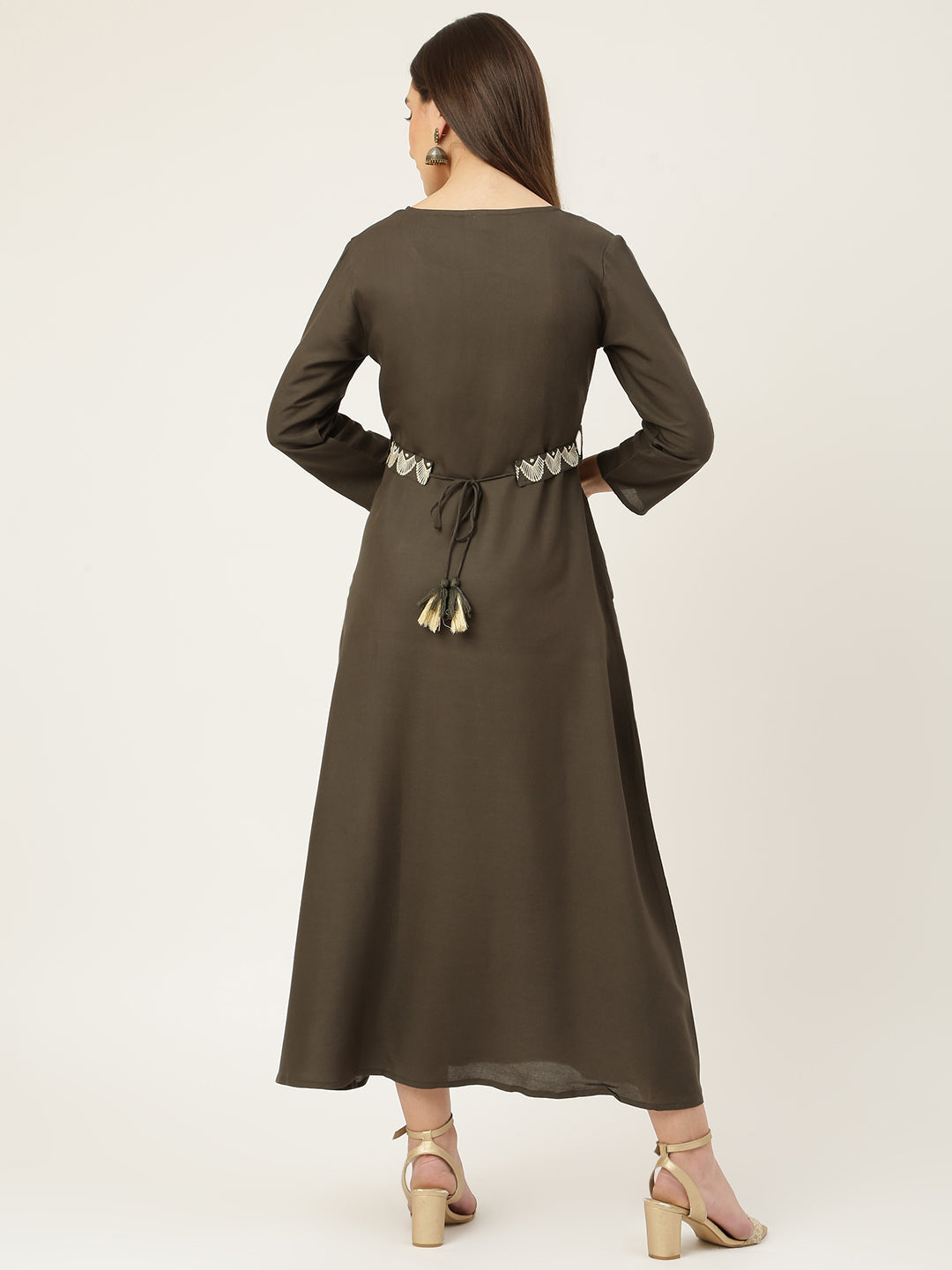 Grey Rayon Embroidered Flared Dress