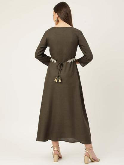 Grey Rayon Embroidered Flared Dress