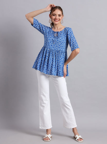 Blue Printed Bandhej Viscose Keyhole Neck Top
