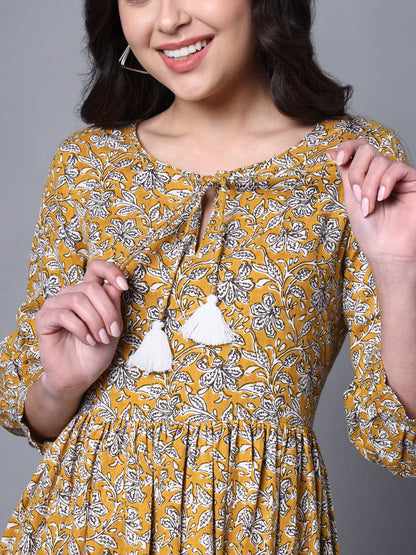 Mustard & White Printed Cotton Blend Cuffed Sleeve Dress