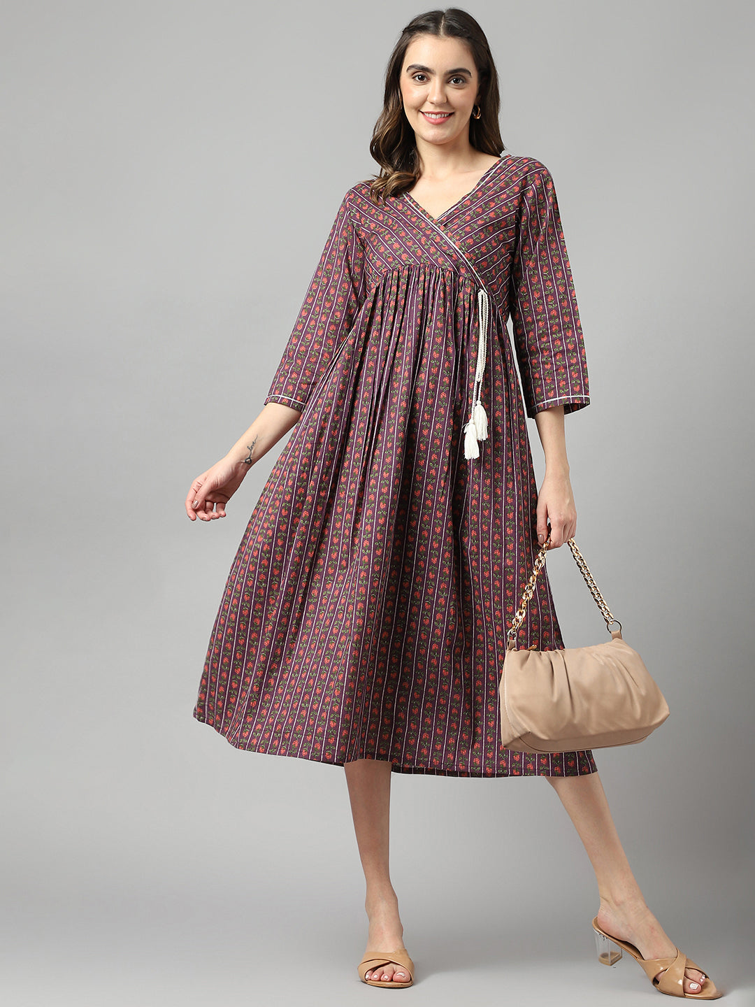 Purple Cotton Angrakha Style Pocket Dress