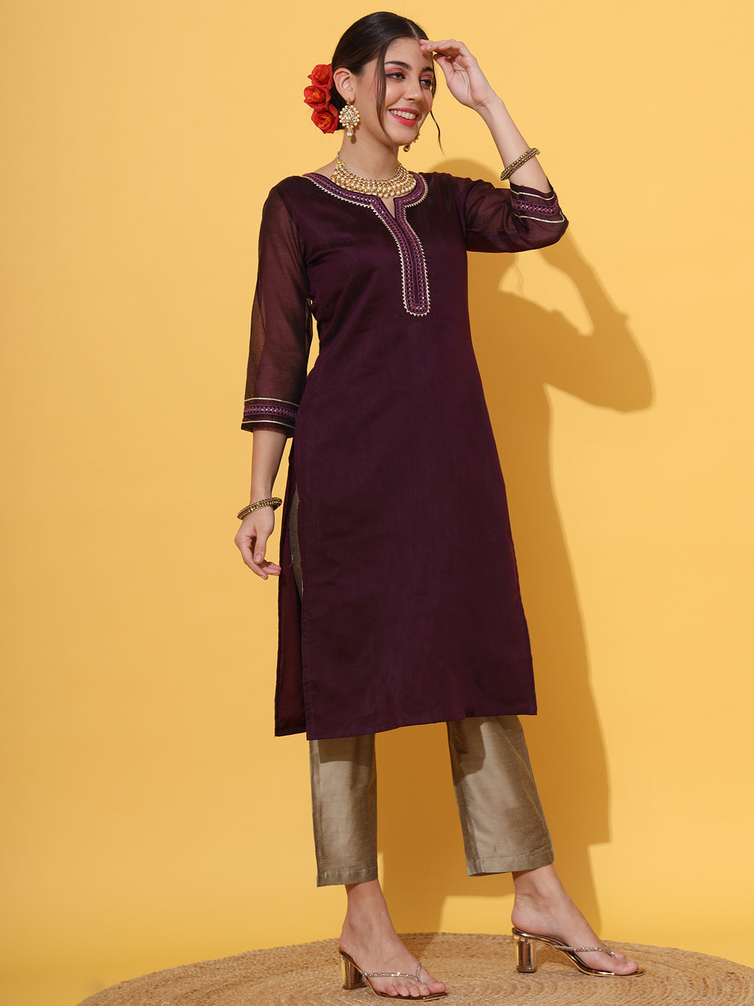 Wine Embroidered Chanderi Kurta
