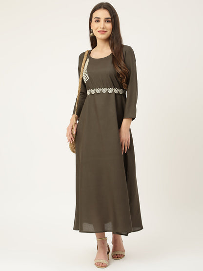 Grey Rayon Embroidered Flared Dress