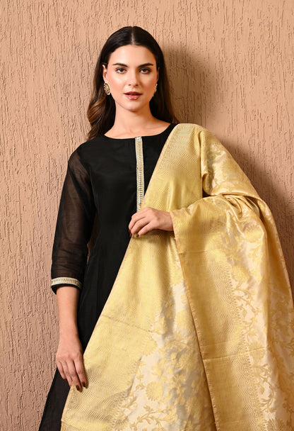 Cream Gold Silk Banarasi Dupatta
