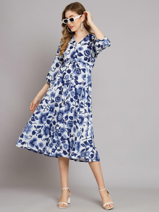 Abstract Blue Flared Dress - JAIPURHUTZ