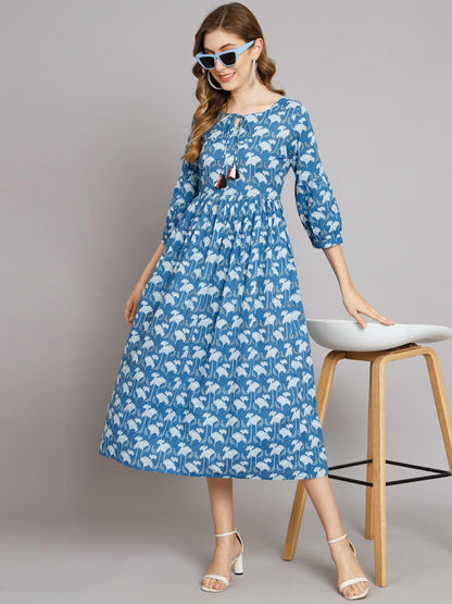 Women Blue Parrot Print Flared Cotton Pocket Dress - JAIPURHUTZ