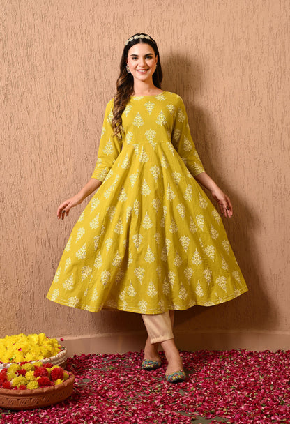 Yellow Motif Anarkali Kurta