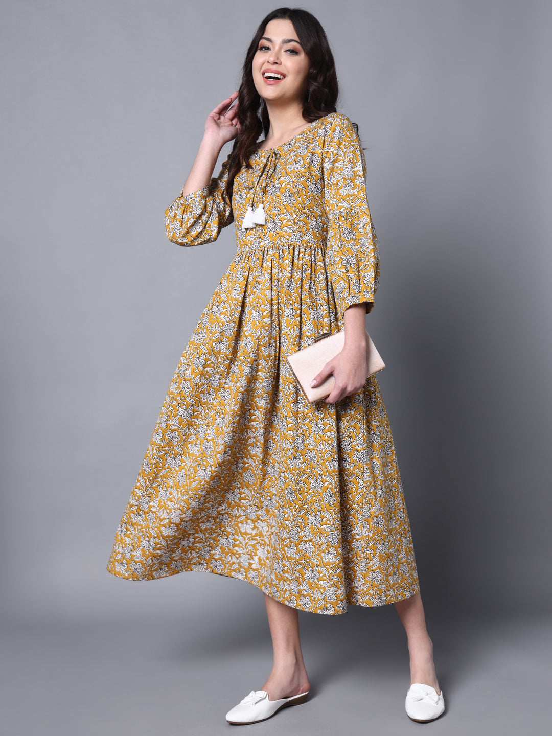 Mustard & White Printed Cotton Blend Cuffed Sleeve Dress