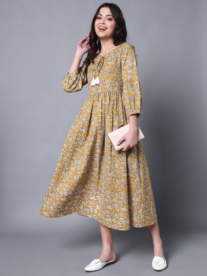 Mustard & White Printed Cotton Blend Cuffed Sleeve Dress