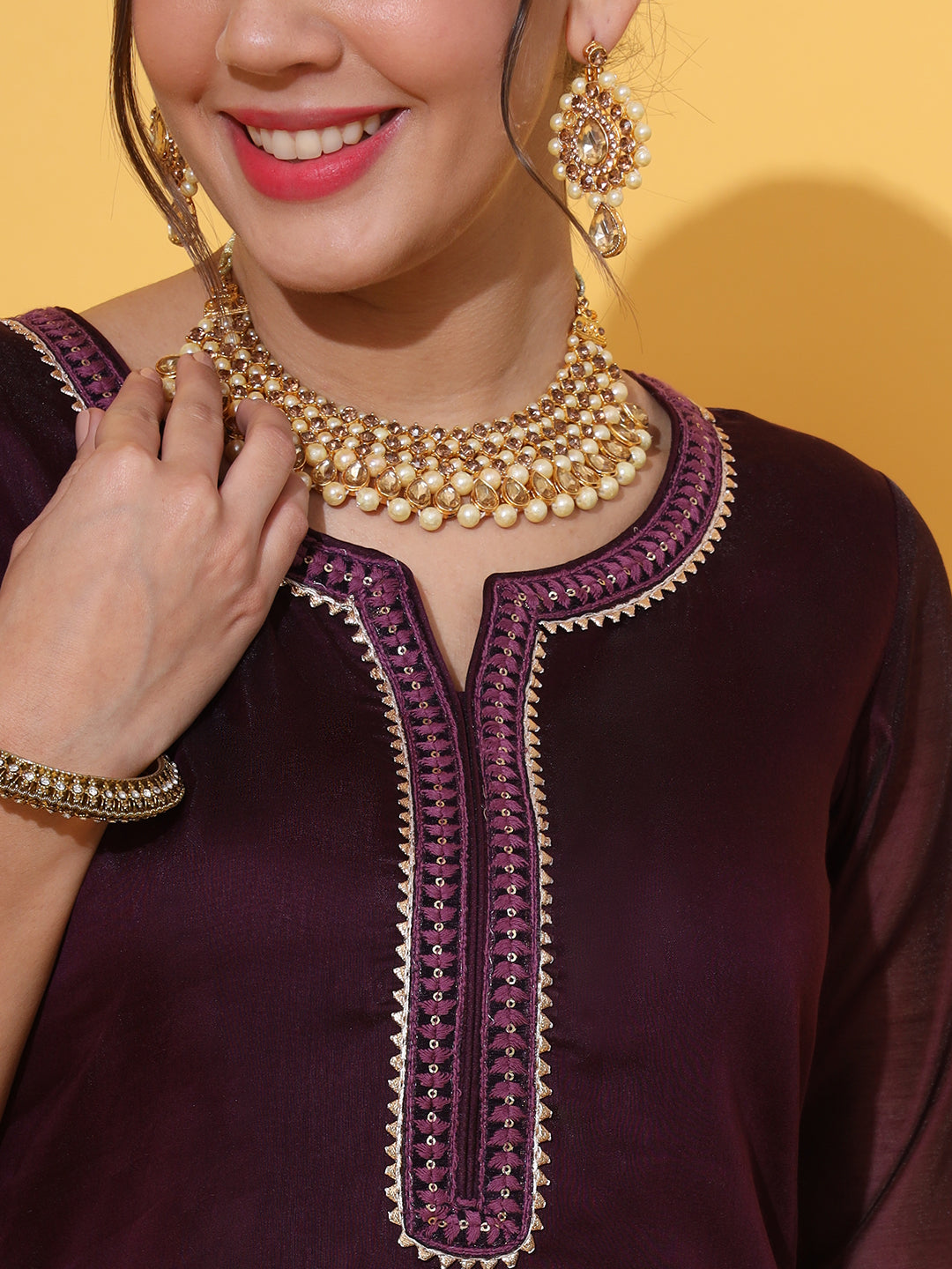 Wine Embroidered Chanderi Kurta