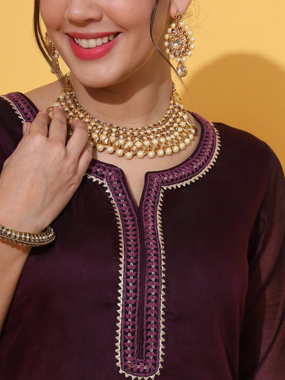 Wine Embroidered Chanderi Kurta
