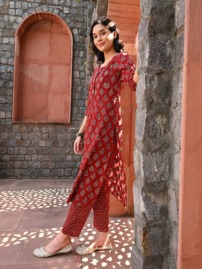 Maroon Embroidered A-line Kurta Pant Set