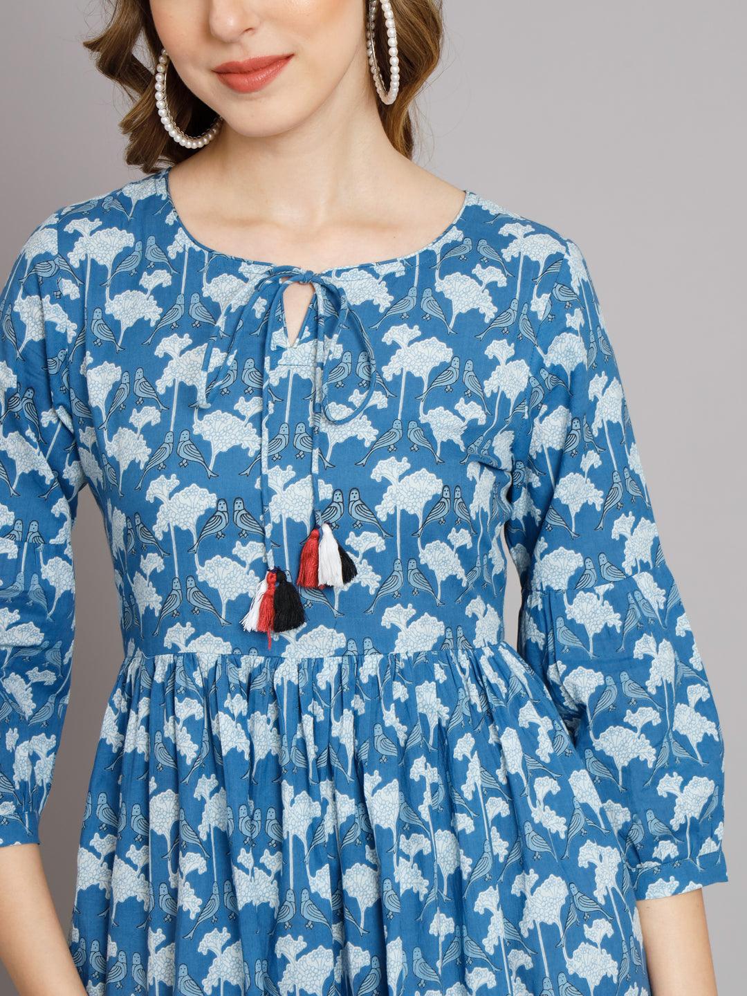 Women Blue Parrot Print Flared Cotton Pocket Dress - JAIPURHUTZ