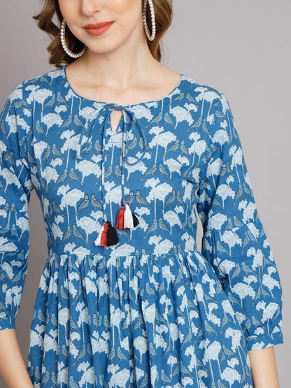 Women Blue Parrot Print Flared Cotton Pocket Dress - JAIPURHUTZ