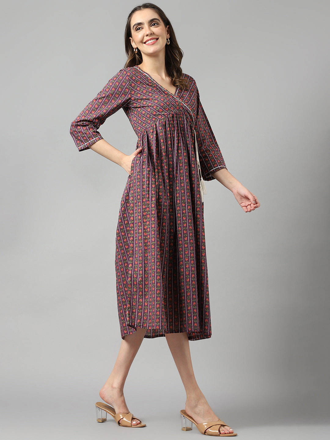 Purple Cotton Angrakha Style Pocket Dress