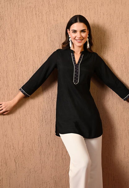 Black Silk Embroidered Tunic