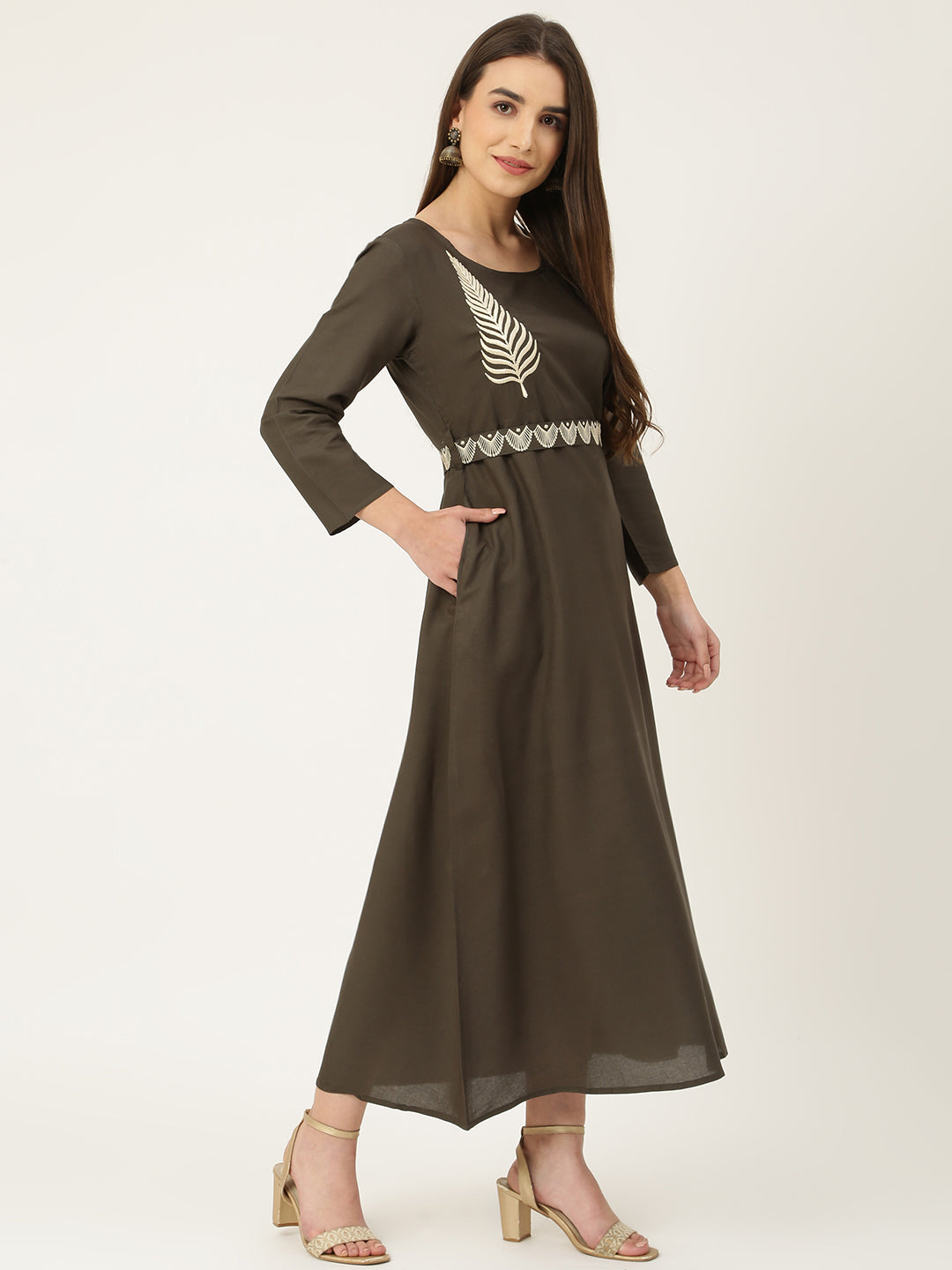 Grey Rayon Embroidered Flared Dress
