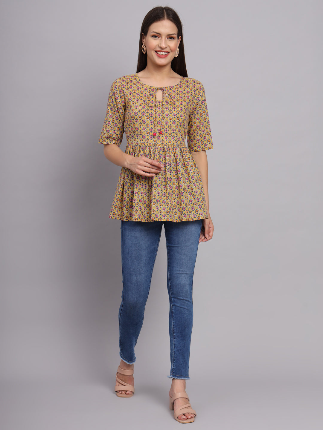 Women Printed Cotton Keyhole Neck Top