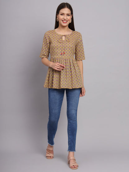Women Printed Cotton Keyhole Neck Top
