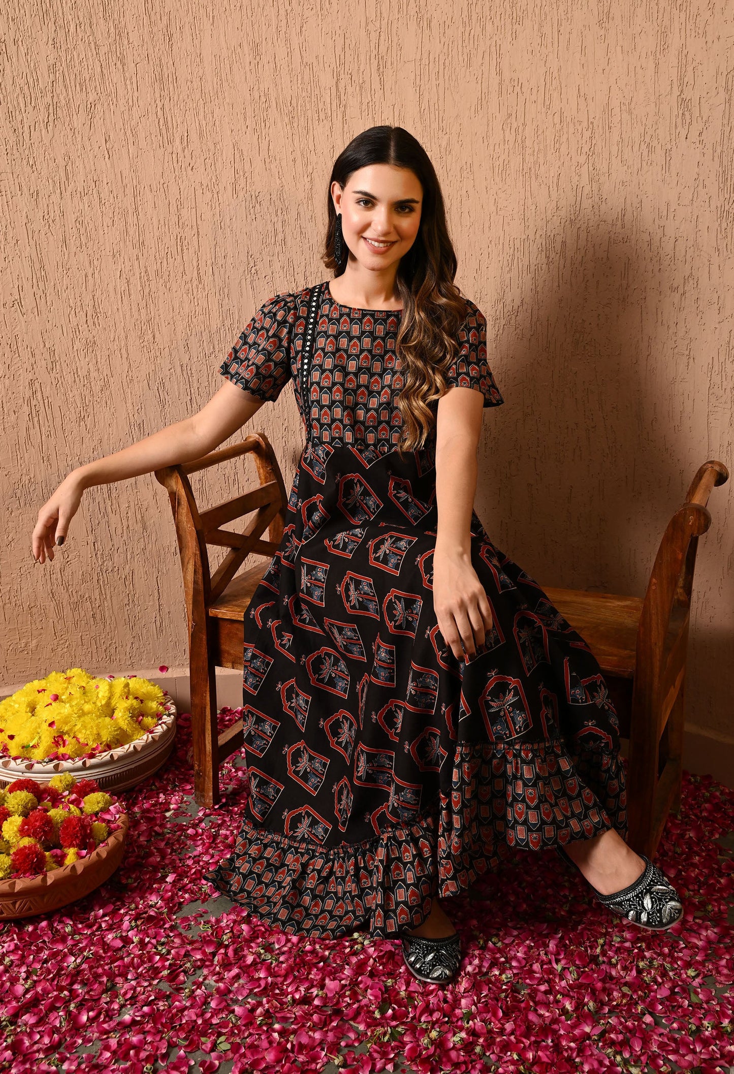 Black Floral Fit and Flare Dress