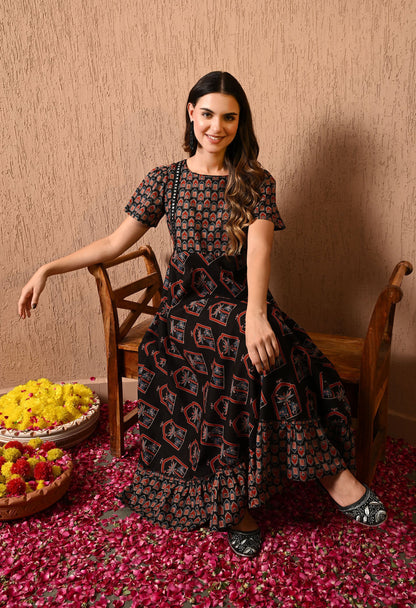 Black Floral Fit and Flare Dress