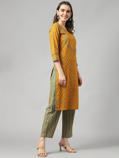 Cotton Mustard Print With Sequence Ethnic Suit Set