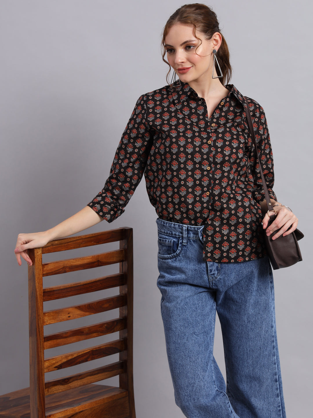 Black Cotton Shirt Style Top