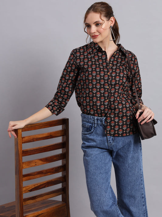 Black Cotton Shirt Style Top