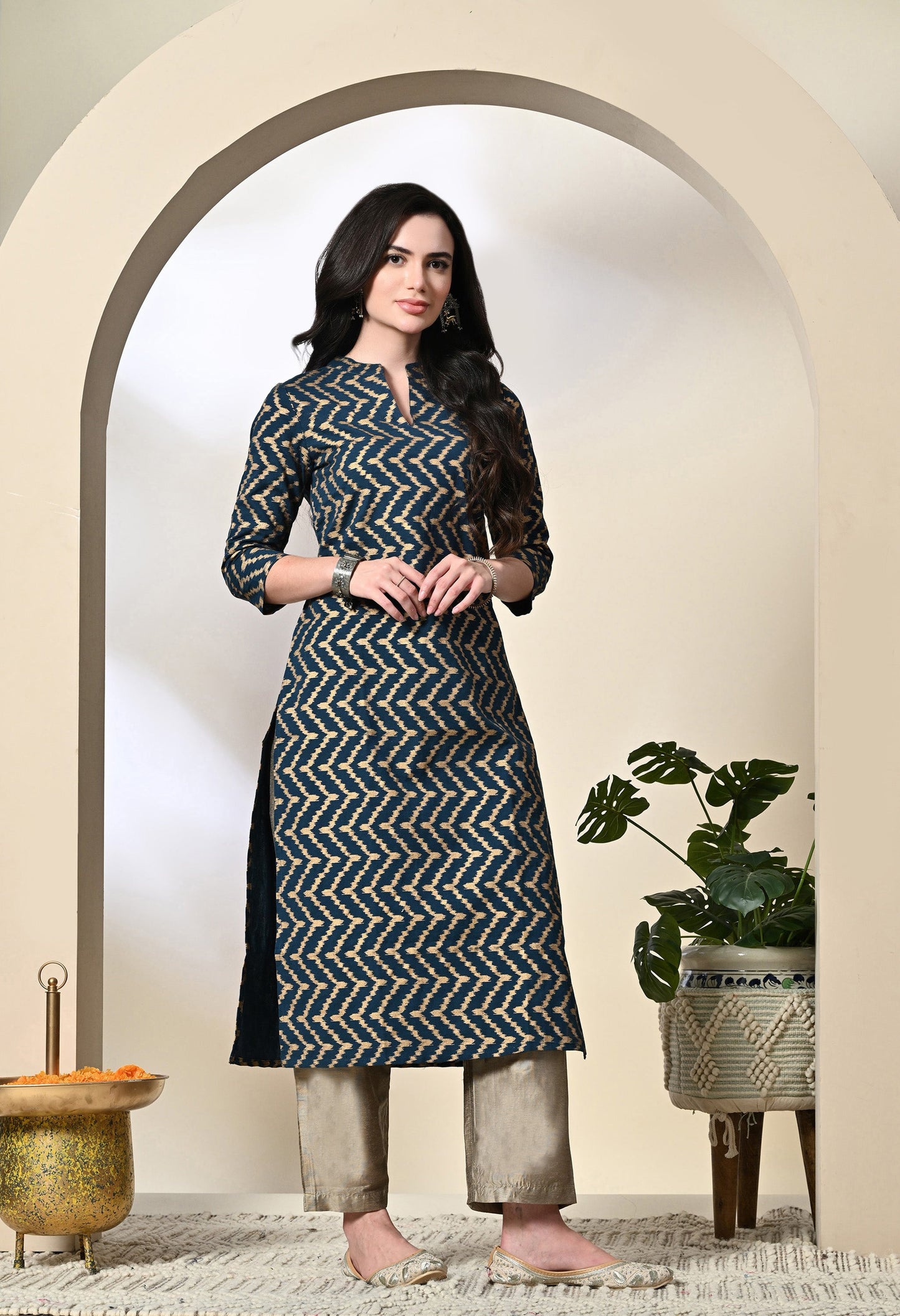 Blue Gold Cheveron Kurta Pant Set